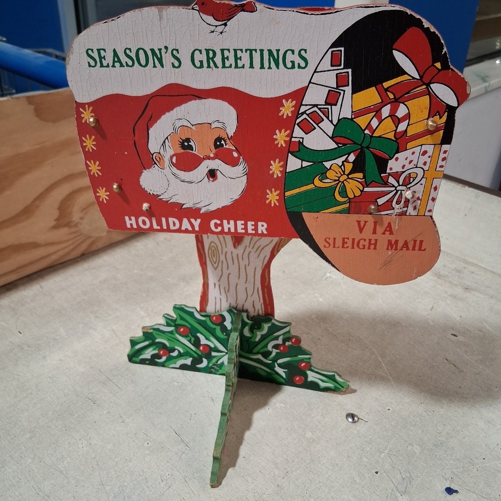 1950s Wooden Santa Mailbox Christmas‎ Decor Holiday Cheer Sleigh Mail Japan